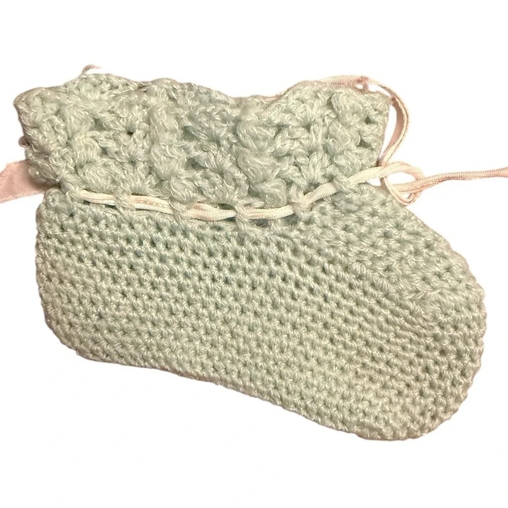 Vintage Handmade Crochet Baby Booties Blue With White Satin String